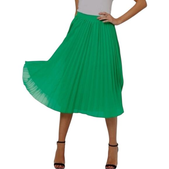 Roz & Ali Knife Pleated Midi Skirt Chiffon Lined Kelly Green Women’s Size Large - Picture 1 of 7